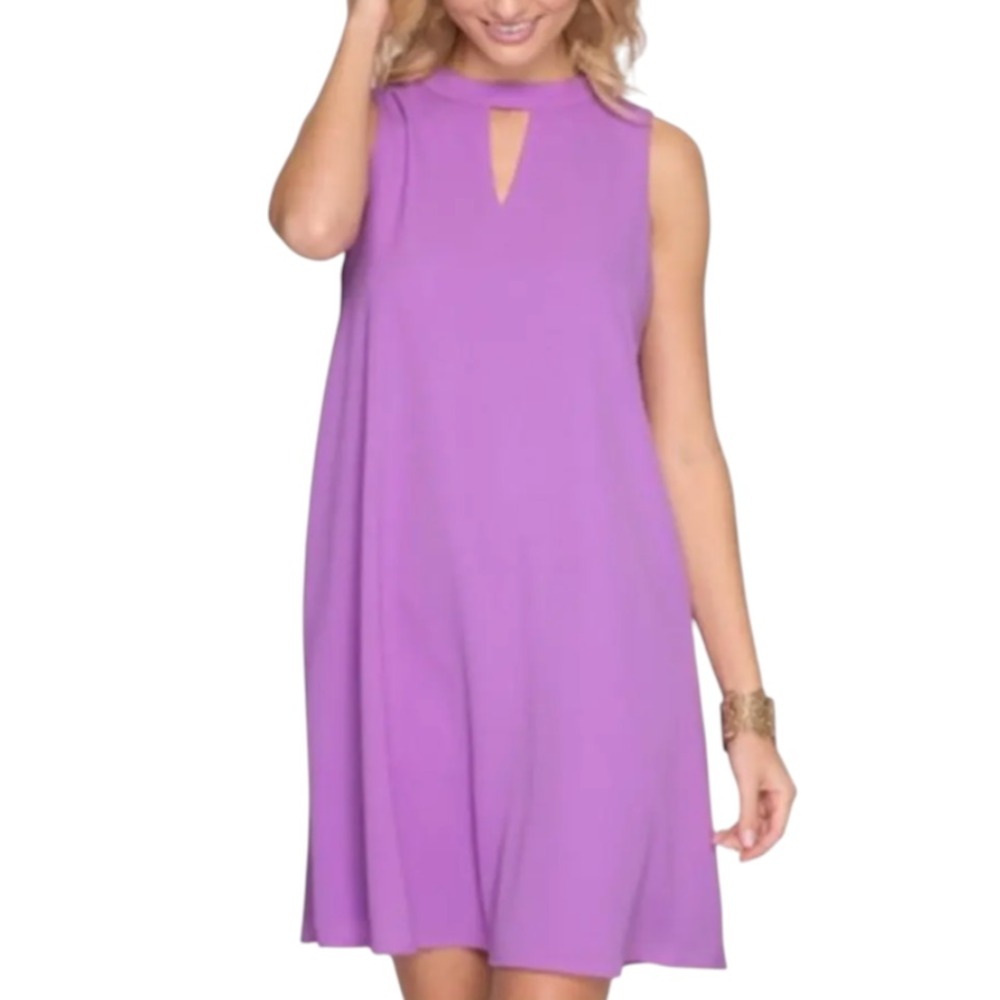 SHE+SKY Purple Crepe Chiffon SLEEVELESS TANK SHIFT DRESS Keyhole/Choker Flowy S